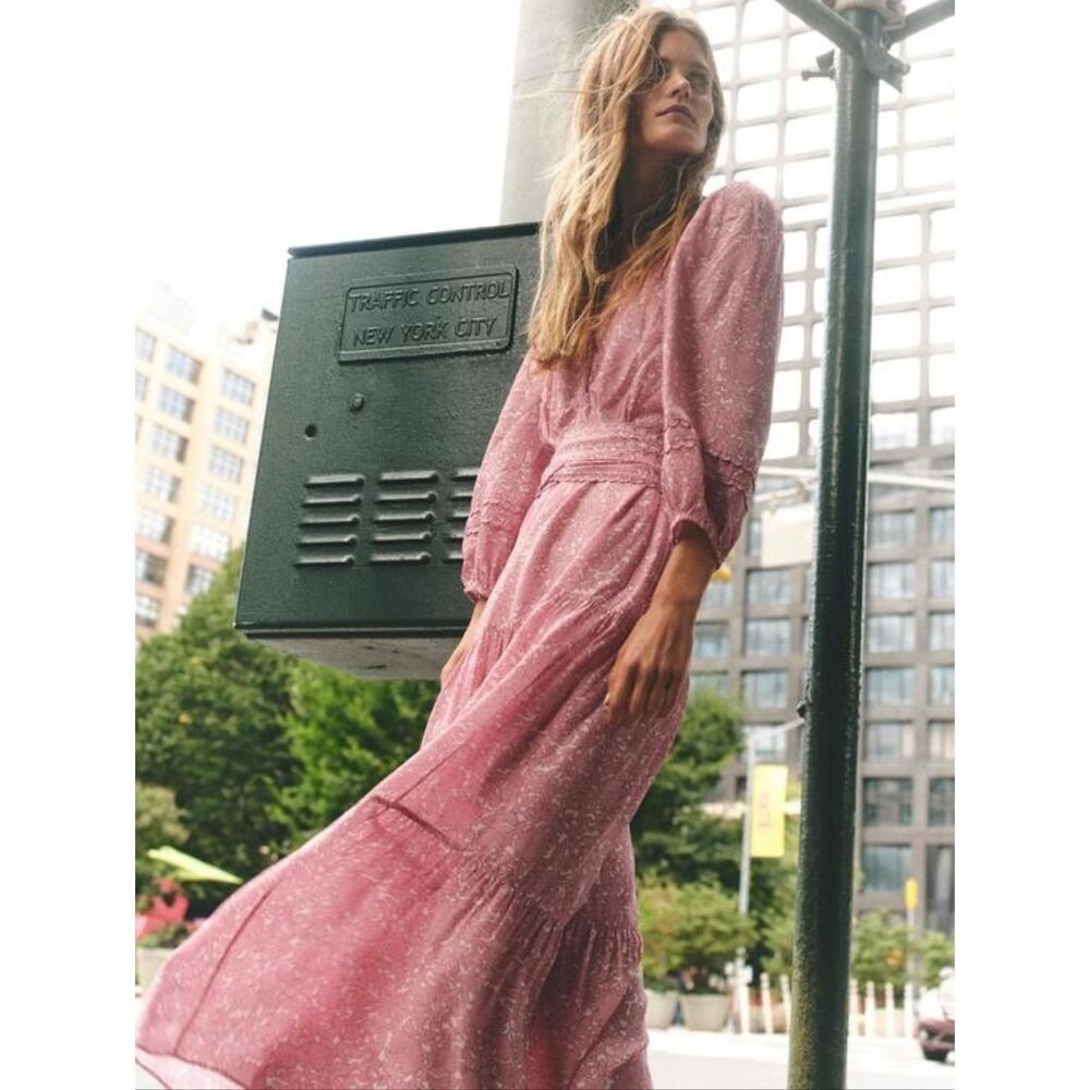 Cartolina Pink Floral Midi Dress with Long Sleeves - never worn